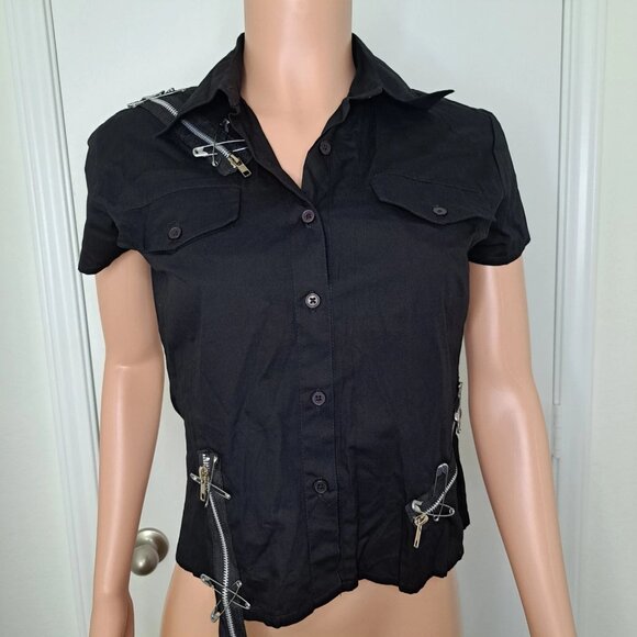 Dead Threads Black Goth Punk Blouse Shirt Safety Pin Zipper Button Down Womens S - Picture 1 of 16